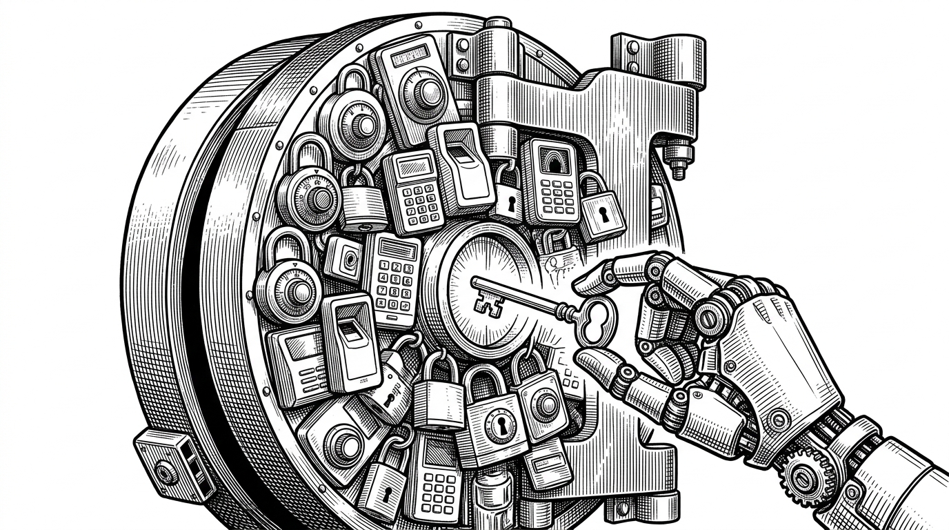 A heavy bank vault door covered in mismatched locks, keypads, and card readers. A mechanical hand reaches toward the center holding a single skeleton key. This illustrates the unsustainable complexity of fragmented authentication for AI agents.
