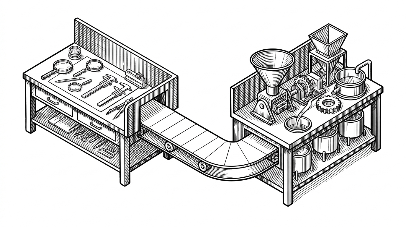 Two industrial workbenches connected by a conveyor belt. One has precision drafting tools, the other heavy-duty filtration vats.