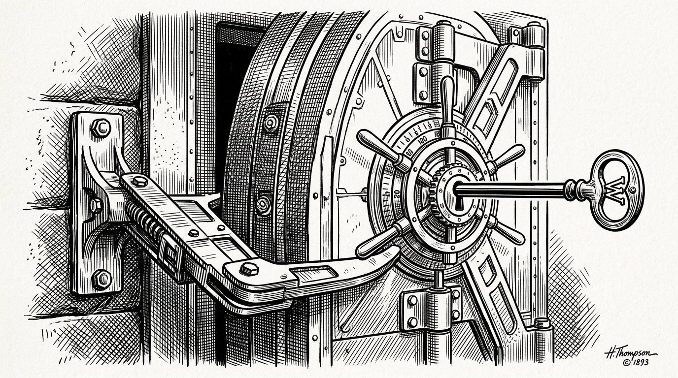 A heavy bank vault door with a key turning, but a rigid mechanical caliper arm physically blocks the door from opening past a red line.