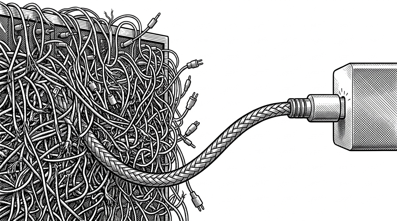 A chaotic switchboard of tangled wires is bypassed by a single thick cable plugging into a metallic block, representing MCP replacing custom integrations.