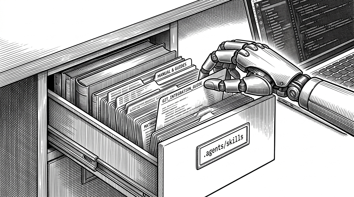 An open mechanical desk drawer labeled .agents/skills contains index cards, manuals, and tool guides. A robotic hand pulls out one card while a code editor glows beside it. The image explains how AIRI stores useful operational knowledge inside the repository so the agent can retrieve it when needed.