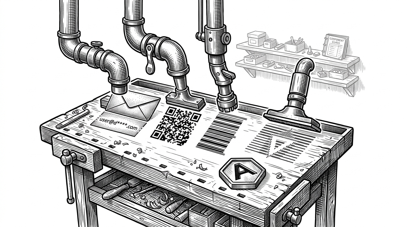 A workbench of pipe-shaped tools stamping different outputs from one input. It explains that ngx-transforms turns the template into a small utility layer instead of a cluttered component class.