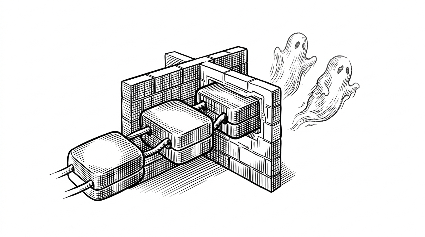 A close-up editorial illustration of two neighboring tokens in a doubly linked list merging inside a tight local boundary while stale heap entries fade away nearby. It explains how the repo updates only local neighbors during BPE merges instead of rescanning everything.