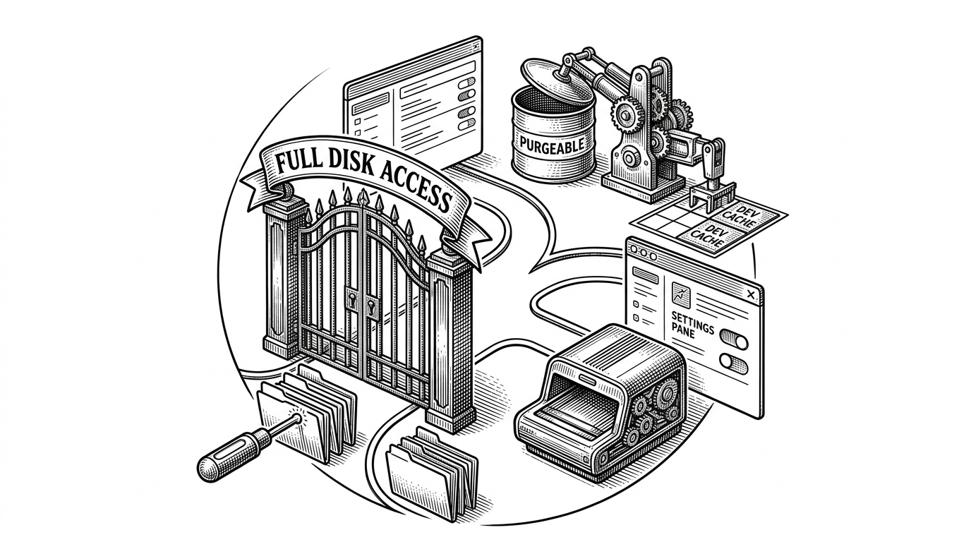 A close-up of a permission probe testing a locked folder gate, with one path detouring into a System Settings pane and the other continuing into safe scanning and cleanup gears. The image explains how PureMac checks access before it touches protected files and how scheduling can continue the workflow later.