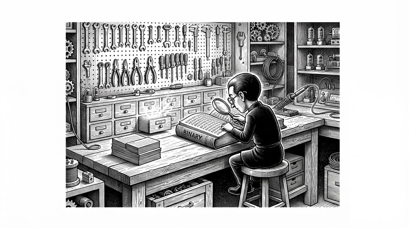 A wide editorial illustration of a workshop where a small humanoid agent sits at a long wooden workbench, bent over a single binary file laid open like a book. Behind the bench, a tall pegboard holds dozens of specialized hand tools and sealed drawers, each with a small engraved label, and one drawer is open. A neat stack of index cards rests on the bench beside the agent. The scene shows a reverse-engineering workflow: one agent, many tools, and evidence as the tangible output.