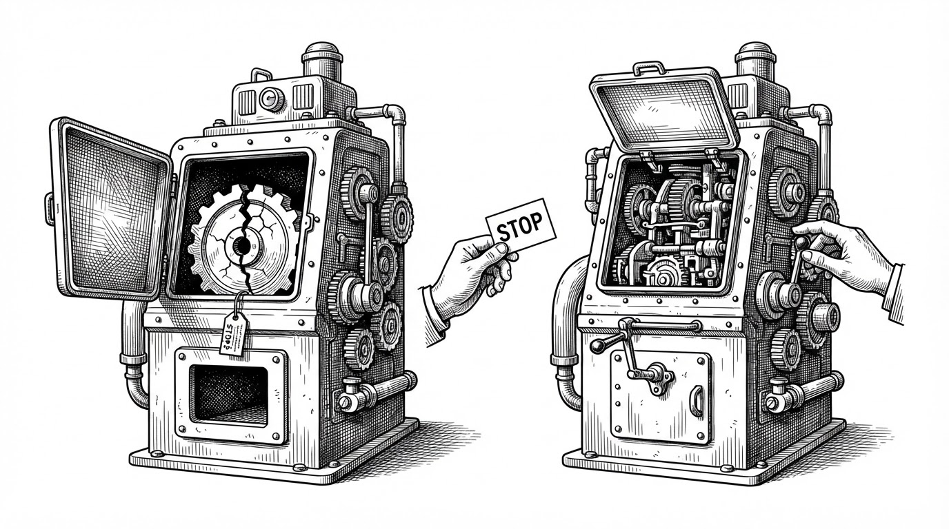 A close-up editorial illustration of two heavy decompiler machines side by side, both with open inspection hatches. The left machine has a cracked, stopped gear and a small tag hanging from it. A hand hovers near the right machine's handle, but a second hand holds a small rectangular card reading STOP between the two machines. The hand does not reach for the working machine. The image makes REA's no-fallback rule physical: a working engine sits available, and the system still refuses to substitute it.