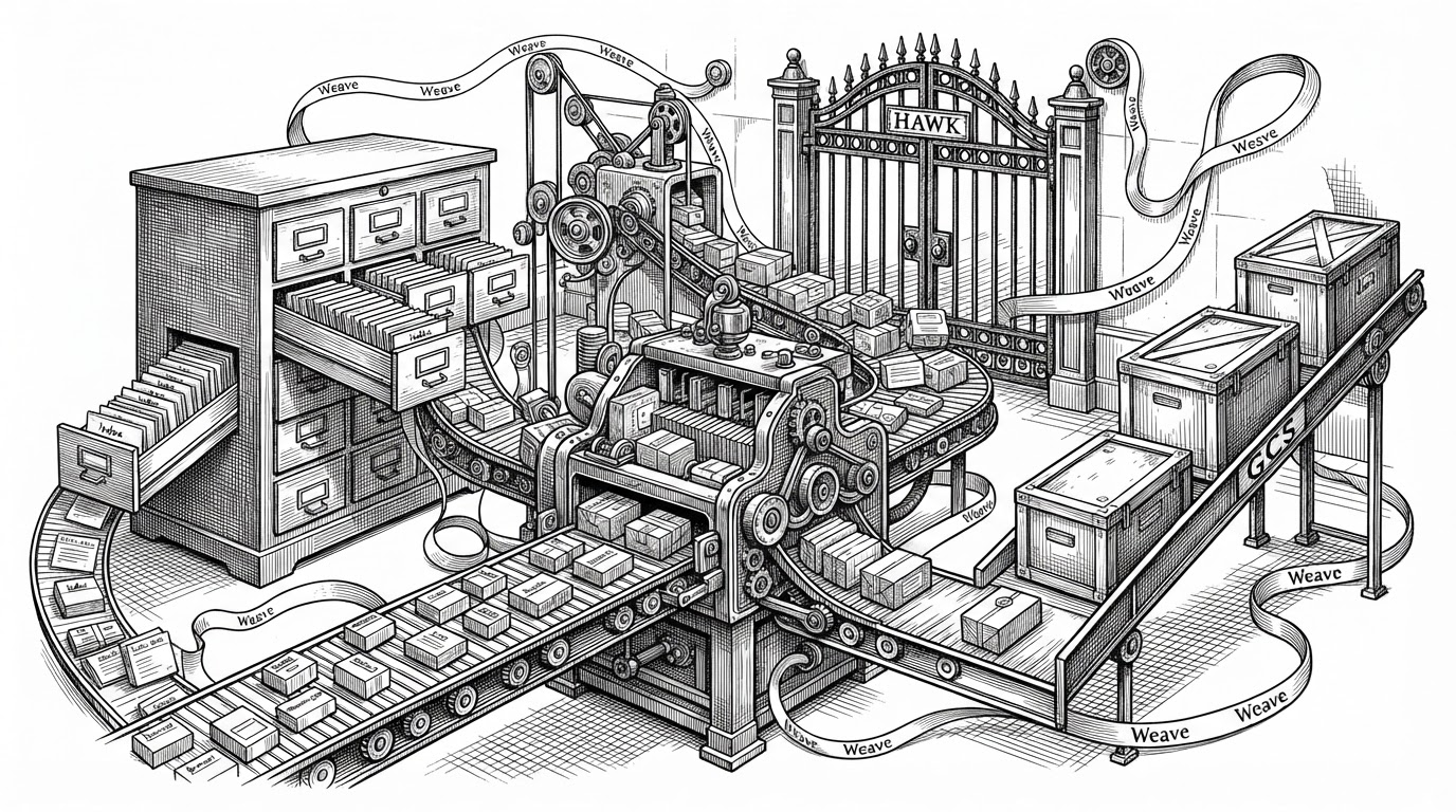 A wide editorial scene shows browser sync parcels moving through a sorting table. Small index cards go into a database cabinet, larger sealed crates divert into an offload chute marked GCS, and a guarded gate filters the incoming flow before anything reaches storage. It explains that Firefox Sync is not one monolithic database but a staged pipeline with separate responsibilities.