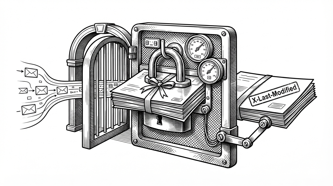 A close-up shows a request passing through a narrow transaction gate. A connection is acquired on the left, the request is wrapped in a lock-like frame in the center, telemetry dials hang off the frame, and a stamped response exits on the right with X-Last-Modified applied automatically. It explains that the service is built around consistent request handling, not loose HTTP handlers.
