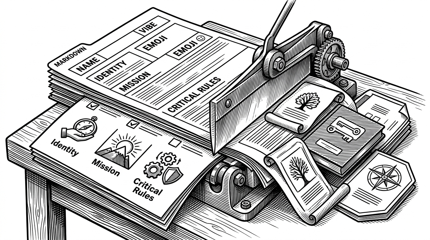 A close-up of a markdown sheet being pressed through a mechanical conversion blade. Its visible fields split into identity, mission, and rules before emerging as multiple tool-specific documents on the other side. The image explains that structure plus conversion is what makes the repo portable.
