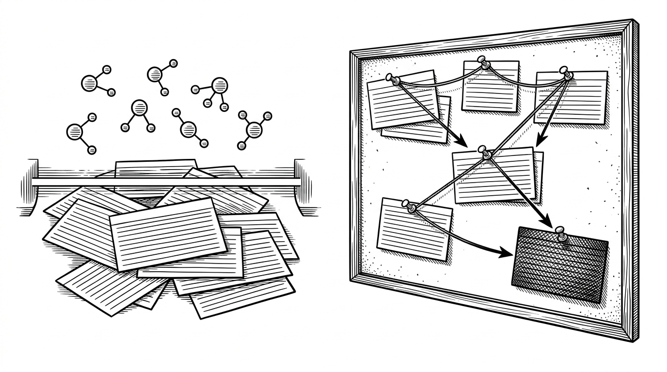A split black-ink illustration contrasts two workflows. One side shows a flat pile of disconnected findings under a scanner beam, while the other side shows the same findings pinned into a taut route that ends in a heavier final link. It explains the difference between listing vulnerabilities and turning them into an attack path.