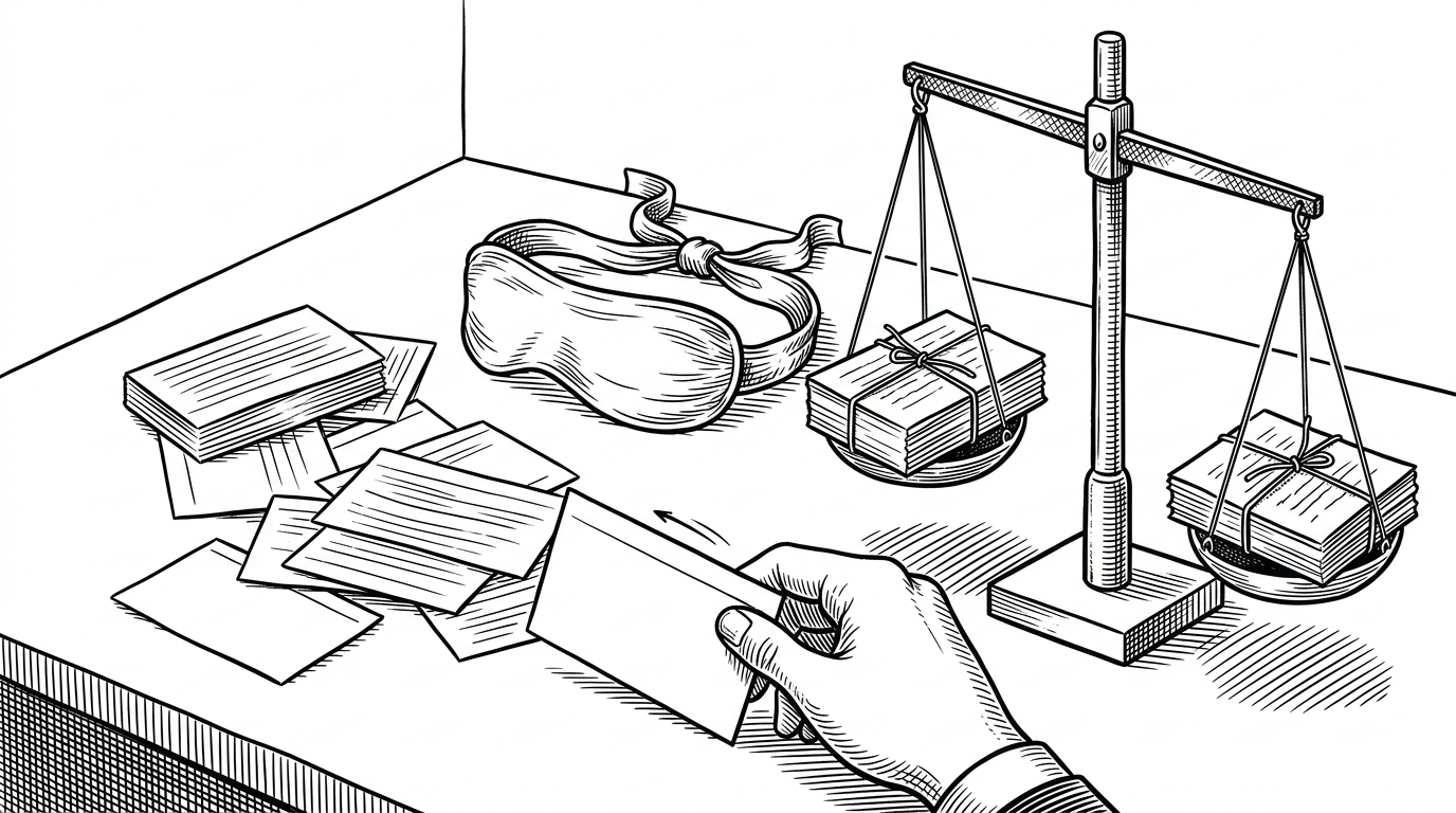 A close-up of shuffled index cards, a blindfold, and a pair of scales balancing two typed arguments. It explains the repo's anonymous peer review step, where arguments are judged before model identities.