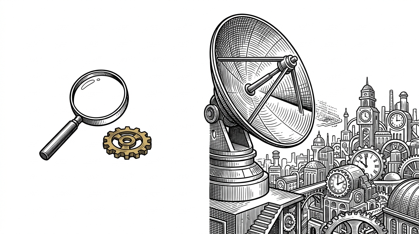A small magnifying glass inspecting a single gear on the left, contrasted with a massive radar dish scanning an entire clockwork city on the right.