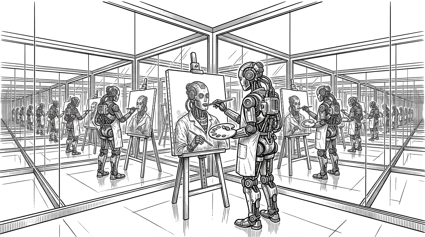 A mechanical artist painting a portrait of itself in a room of mirrors, representing the echo chamber of single-model AI code review.