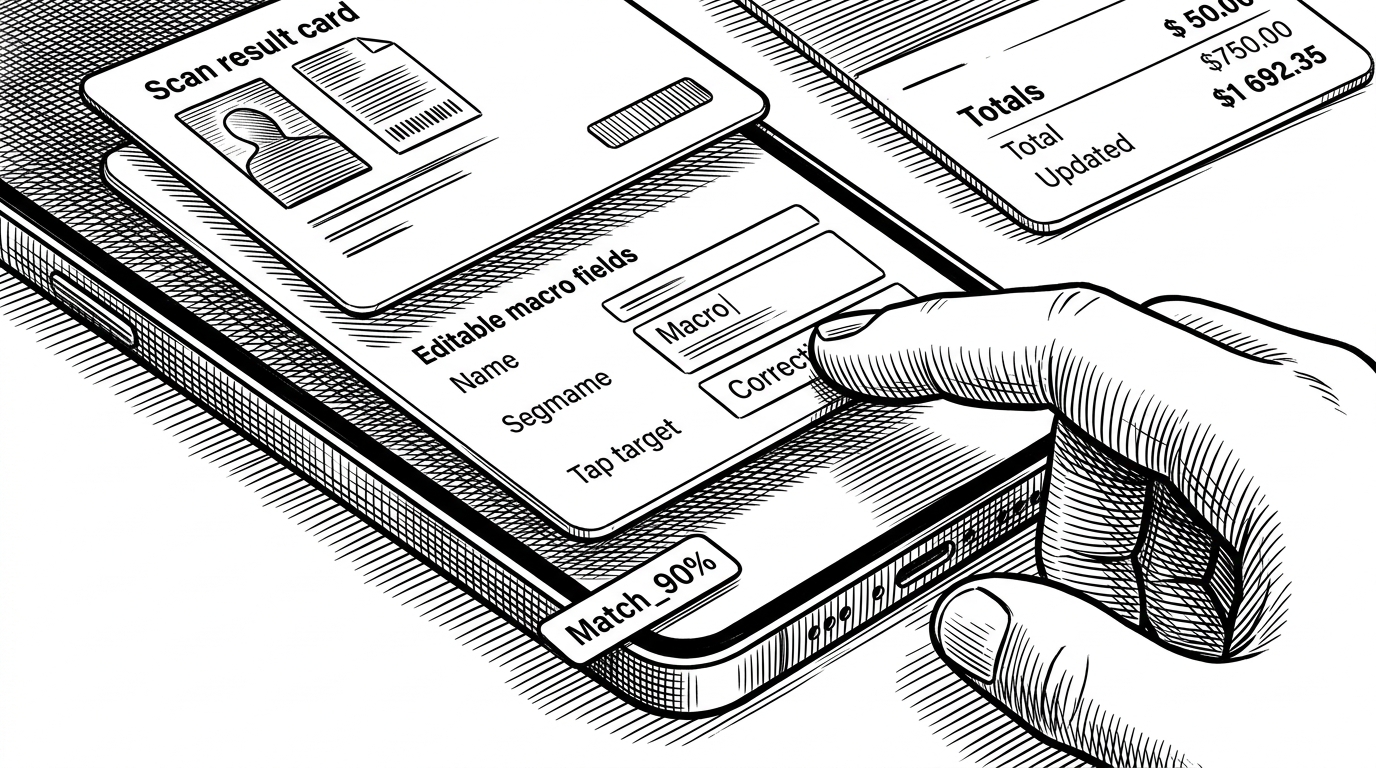 A close-up interface shows a nutrition result card with editable macro fields and a small match percentage badge. One hand taps a correction field while a totals panel updates in the background. The image explains SnapBite’s main differentiator: the app lets the user refine the model instead of trusting the first answer blindly.