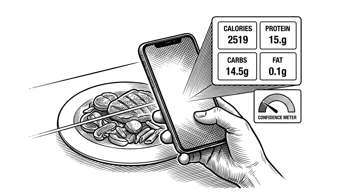 A smartphone hovers above a meal on a table while a thin scanning sweep crosses the plate. A structured nutrition card appears beside it with calories, protein, carbs, fat, and a small confidence meter underneath. The image explains SnapBite’s core promise: turn a messy photo into usable data without pretending the result is absolute.