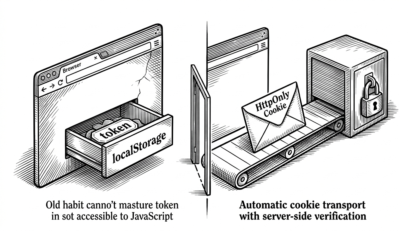 A split-scene illustration shows a fragile browser on one side with a visible token sitting in an open localStorage drawer, and a sealed HTTP-only cookie being carried automatically toward a server lockbox on the other. It explains why the repo keeps session state out of JavaScript and makes the server the trust boundary.
