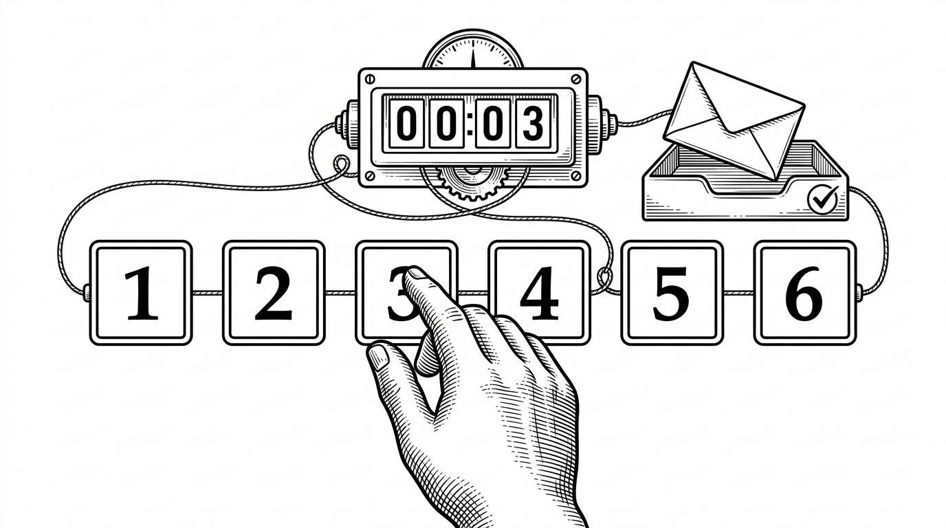 A close-up illustration shows six separate OTP boxes being filled while an email envelope lands in a verified inbox and a countdown clock ticks beside them. It explains that verification is a controlled state machine, with expiry, delivery, and input focus all working together.
