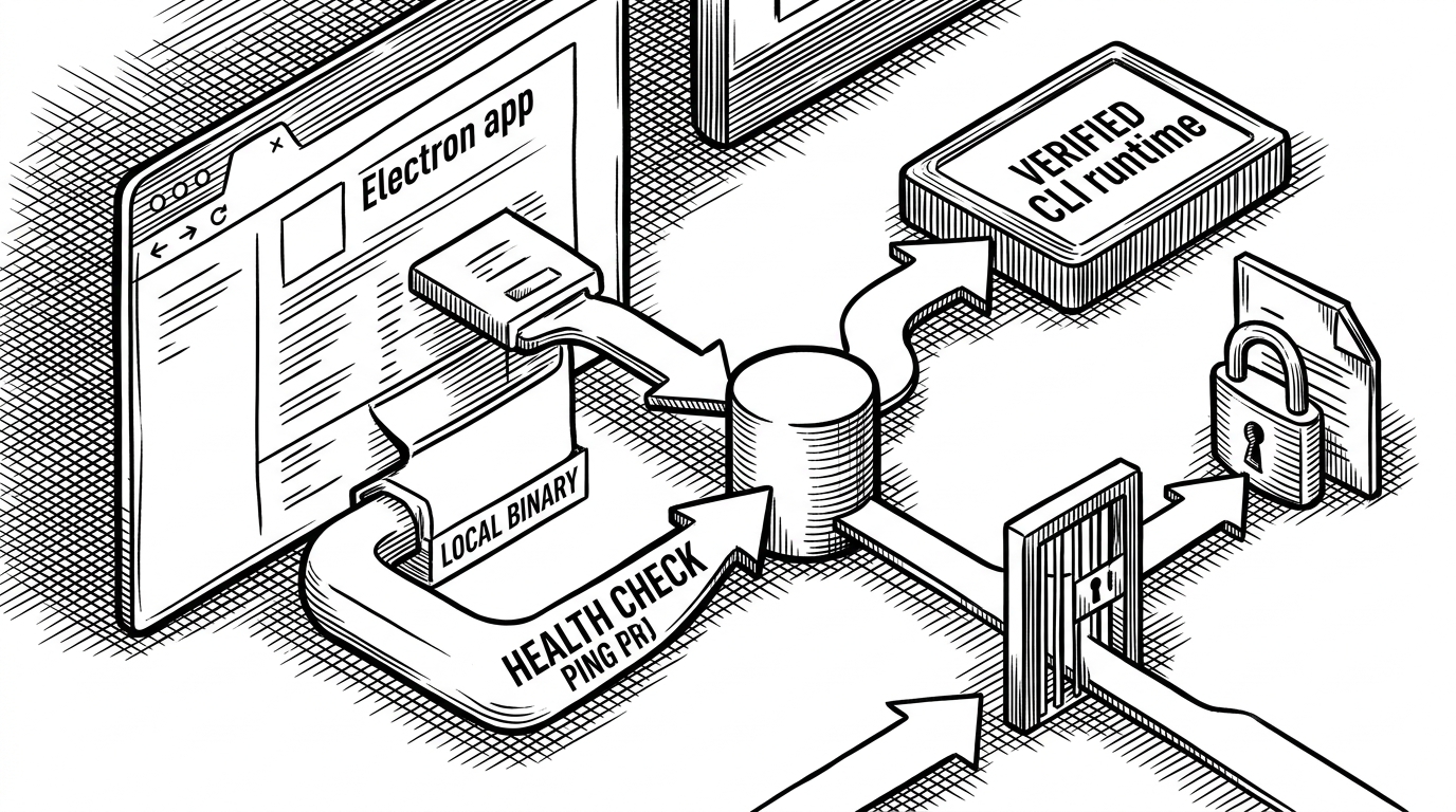A close-up shows an Electron window, a local binary, and a daemon cylinder linked by a handoff path, with one branch opening to a verified CLI runtime and another locking a config file. The image explains how Multica makes local execution and profile isolation feel automatic.