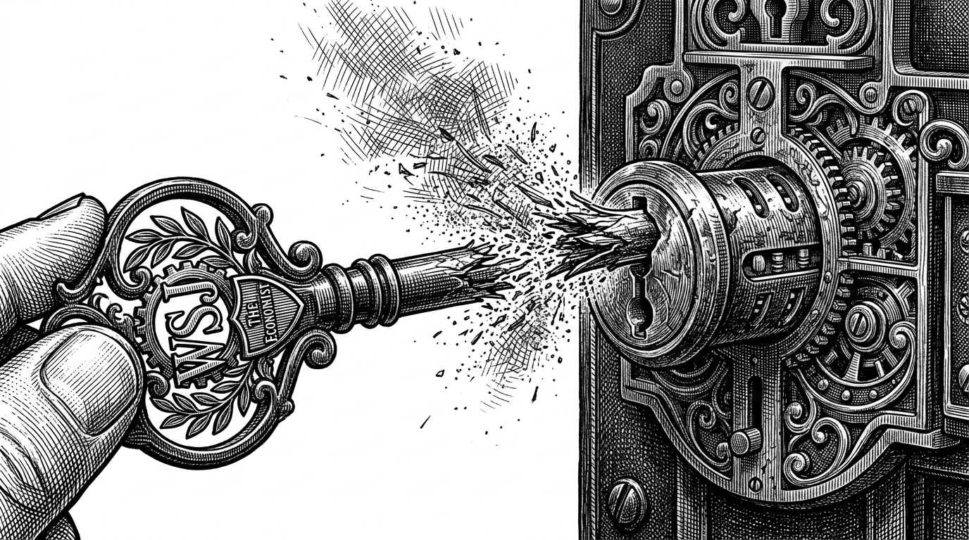 A close-up of a heavy iron key turning in a mechanical lock. The shaft of the key is disintegrating into dust as it turns, symbolizing a single-use affine type mechanism.