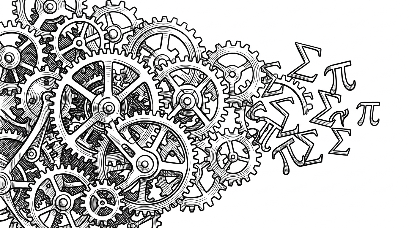 A complex clockwork mechanism where traditional gears are being replaced by glowing mathematical symbols, representing Zeta's algebraic compilation model outperforming standard AST optimization.