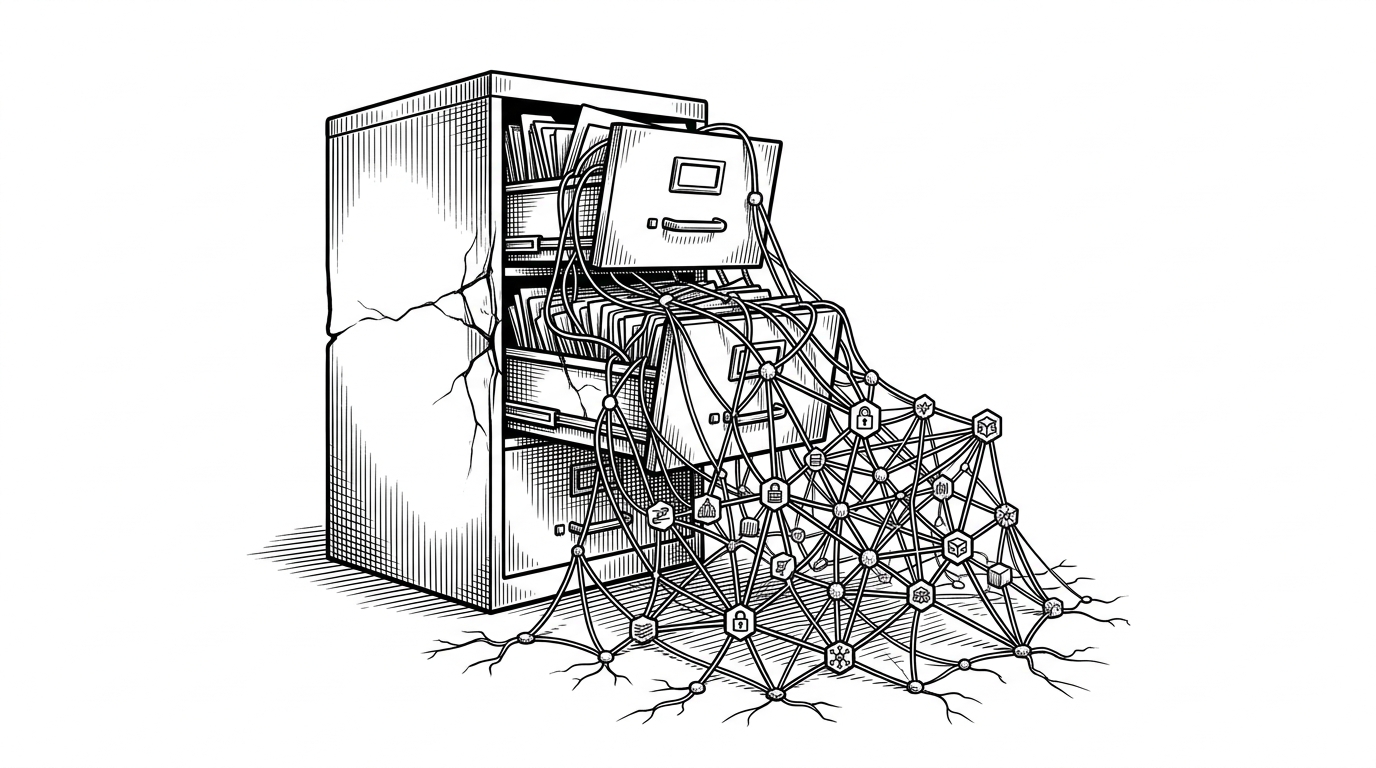 A rigid metal filing cabinet bursting open to reveal an organic web of nodes and threads.