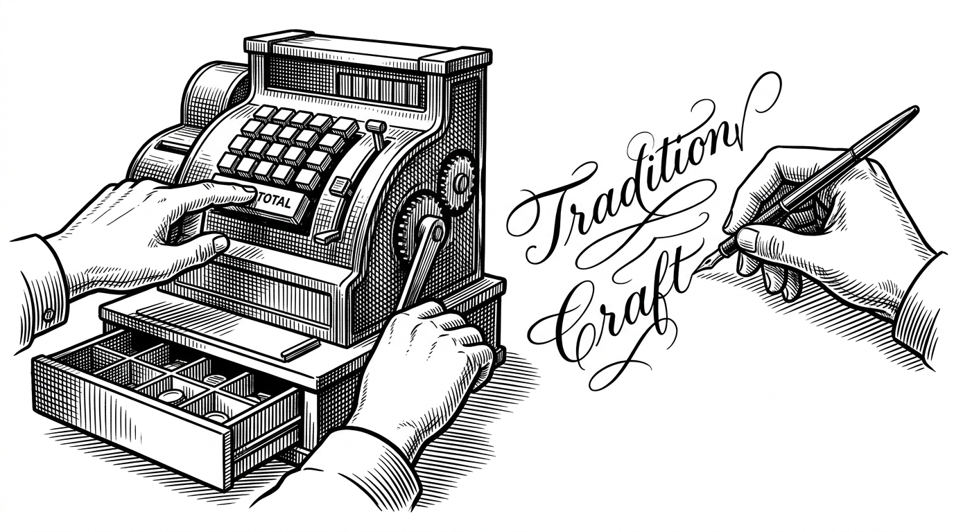 A split composition showing a mechanical cash register on the left and a hand writing calligraphy on the right.