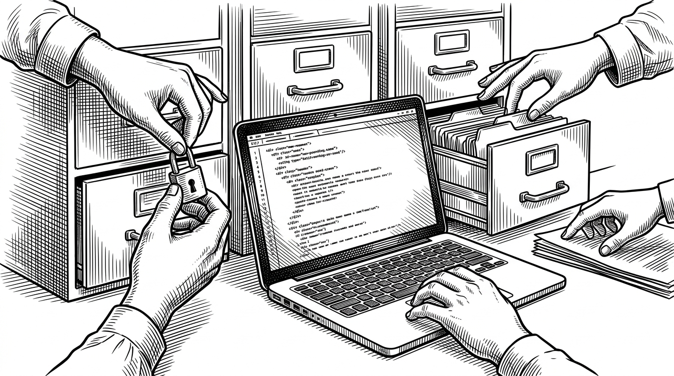 A shared worktable with a single laptop, open file drawers, and several hands approaching the same workspace. One hand adds a lock tag to a drawer while another hovers over a file tab, suggesting access without chaos. The image explains how the project balances openness with control.