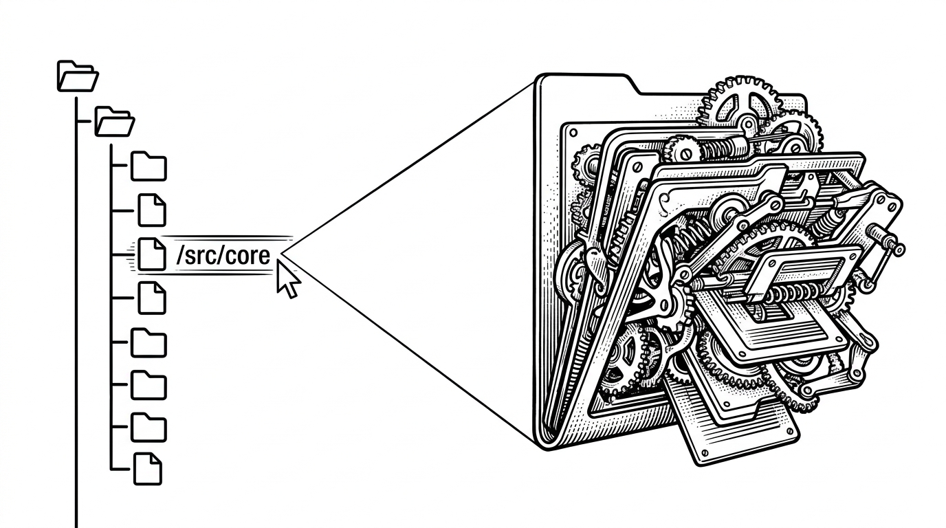 A close-up of a file tree where a pointer hovers over one filename. Inside that folder, a heavy editor mechanism begins unfolding like a spring-loaded machine, while adjacent folders stay quiet. The image explains how hover-triggered preloading makes the app feel fast before the editor fully opens.