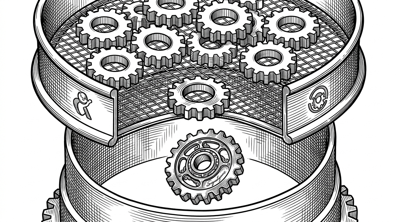 A mechanical sieve catching identical gears while allowing a single unique master gear to pass through.