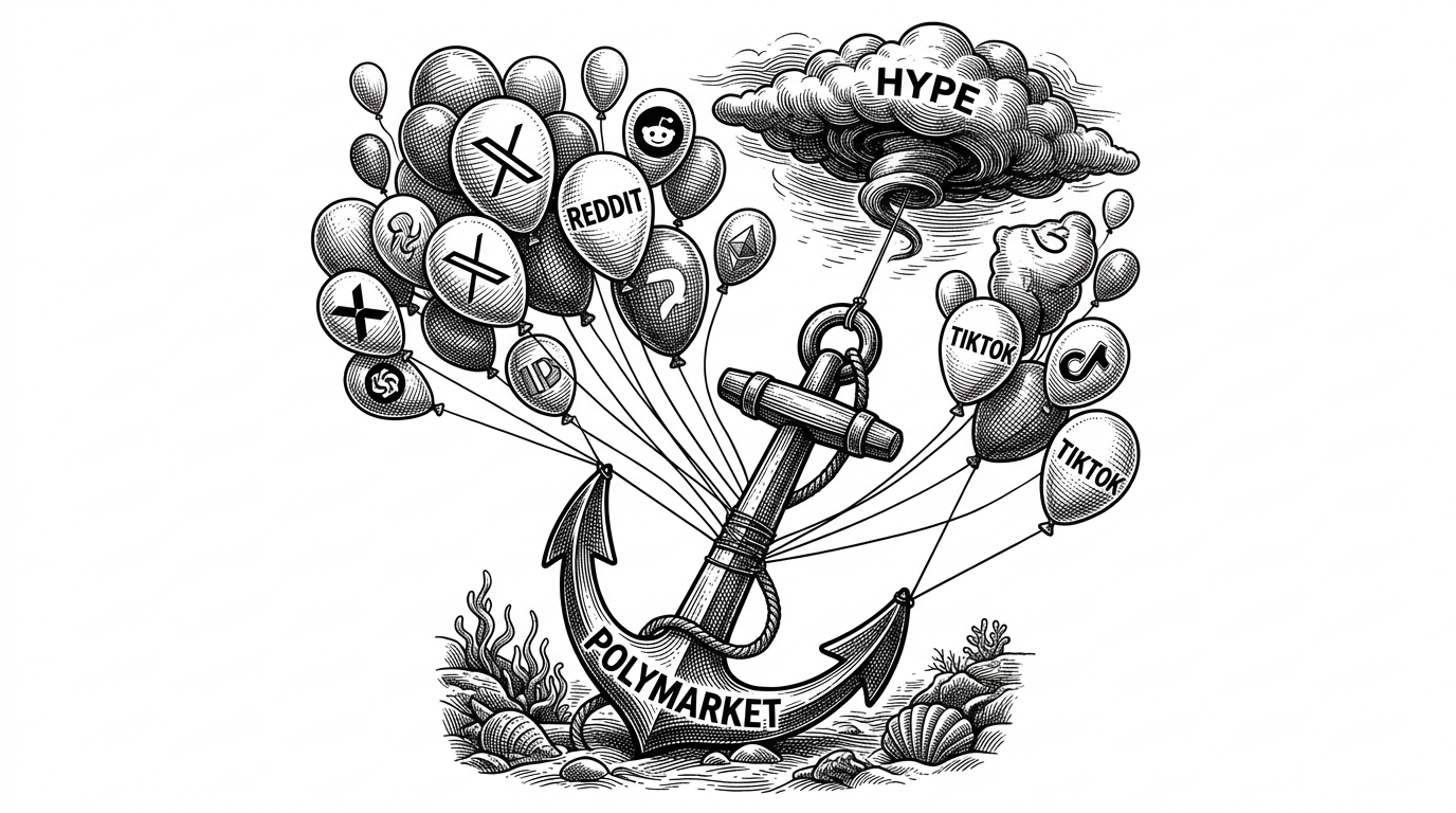 A heavy anchor labeled Polymarket holding down chaotic balloons labeled X, Reddit, and TikTok, preventing them from floating into a storm cloud of hype.