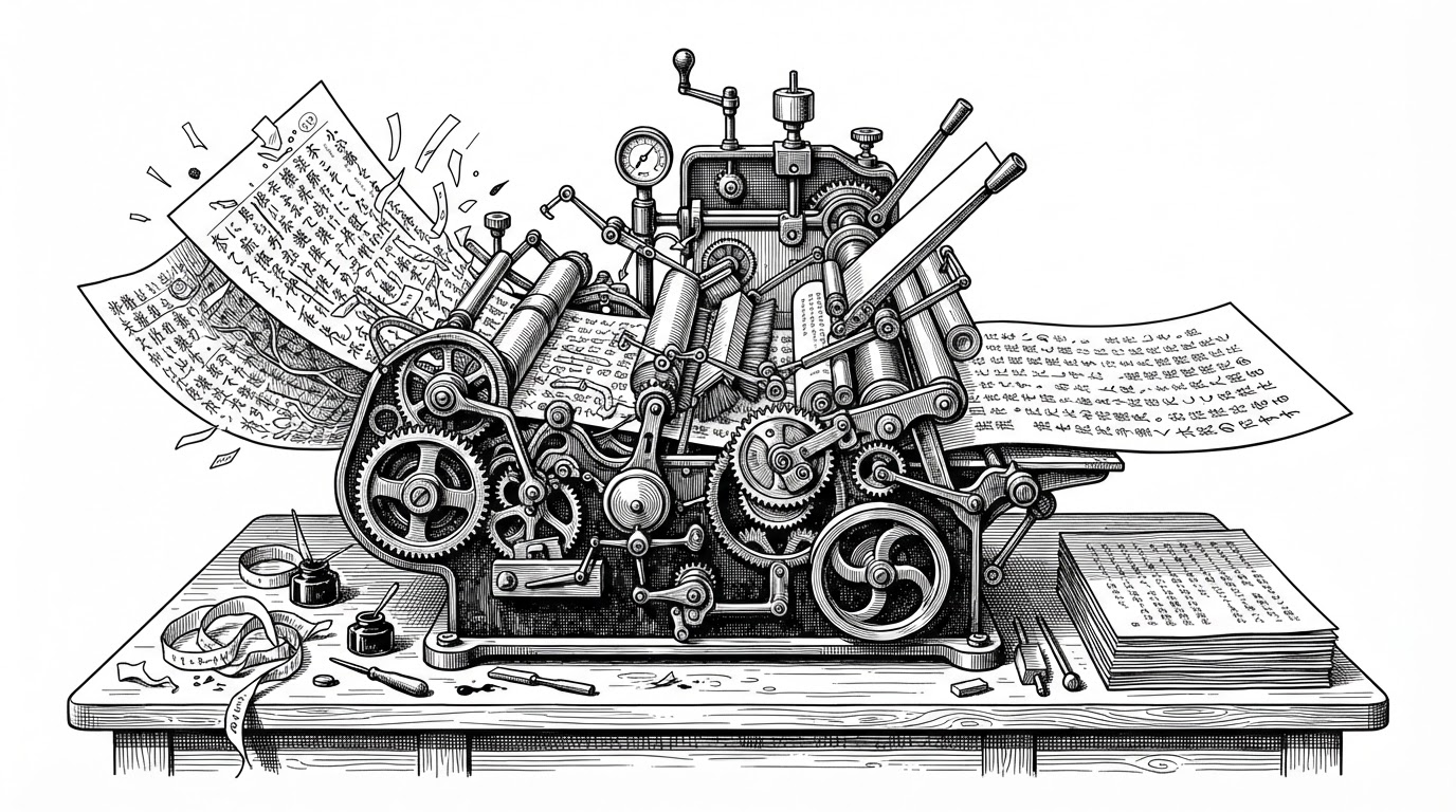 A Japanese manuscript passes through a mechanical inspection rig, with a cluttered page on the left and a cleaned-up page on the right. The image explains that yomiyasu treats AI writing as something to lint and repair, not simply prettify.