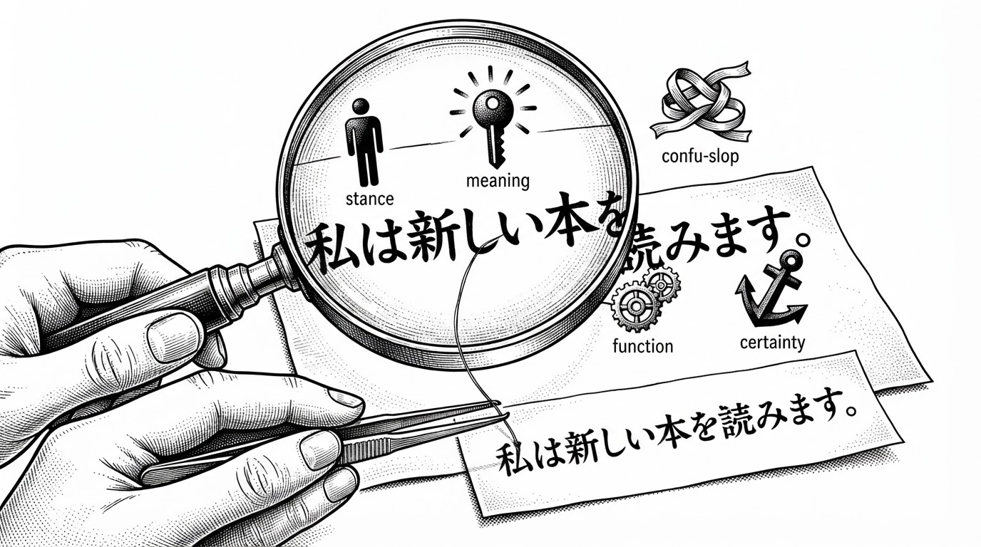 A close-up of a Japanese sentence under a magnifying glass, surrounded by four semantic labels and a flagged ribbon. The image explains that yomiyasu checks stance and meaning before it edits style.