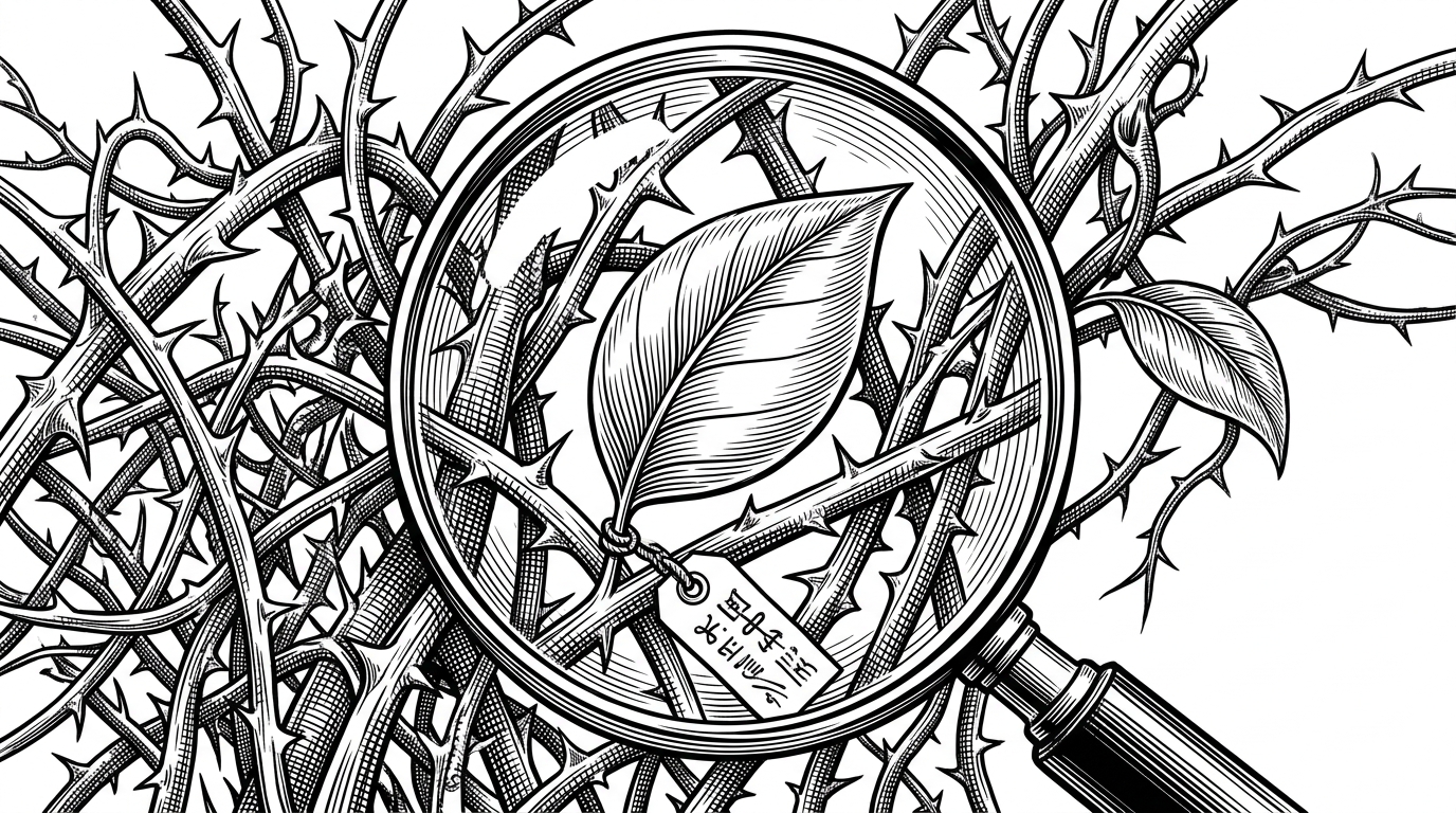 A large magnifying glass focusing closely on a dense, tangled thicket of thorny vines, revealing a single smooth, glowing leaf labeled with a small tag. This represents finding stable attributes within an obfuscated React DOM.