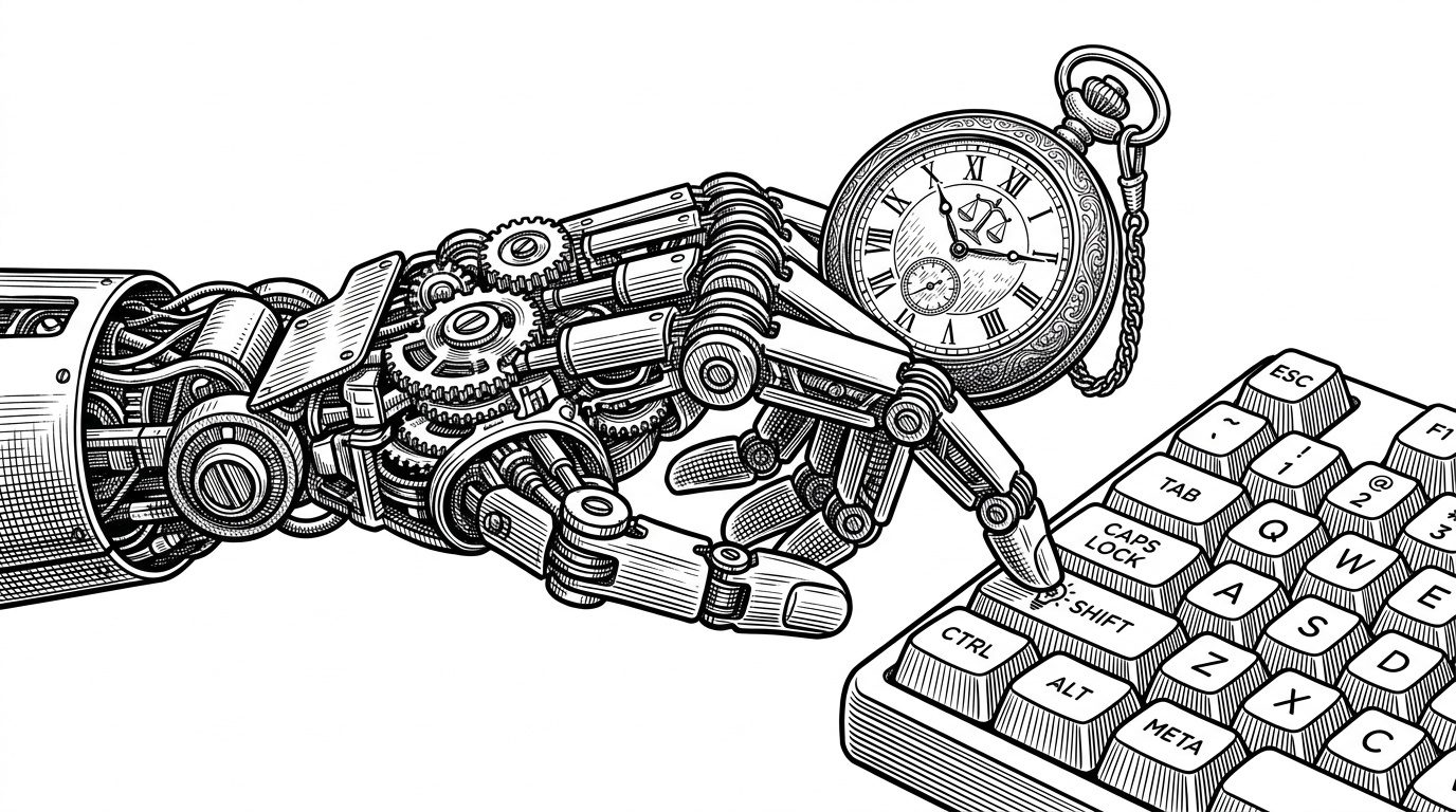 A mechanical robotic hand delicately holding a vintage pocket watch while pressing a single key on a mechanical keyboard. This illustrates the concept of automation governed by strict, deliberate timing.