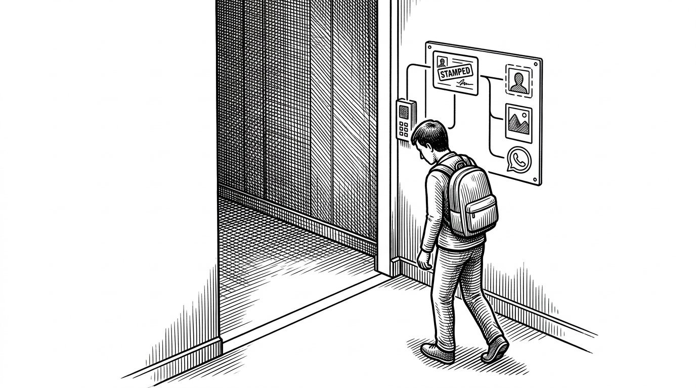 A narrow security corridor with a single boundary line across the floor. A person approaches from one side while a stamped alert card, a snapshot thumbnail, and a message icon emerge from a control panel nearby. The scene explains how a detection becomes an operational event only after it crosses a rule boundary.