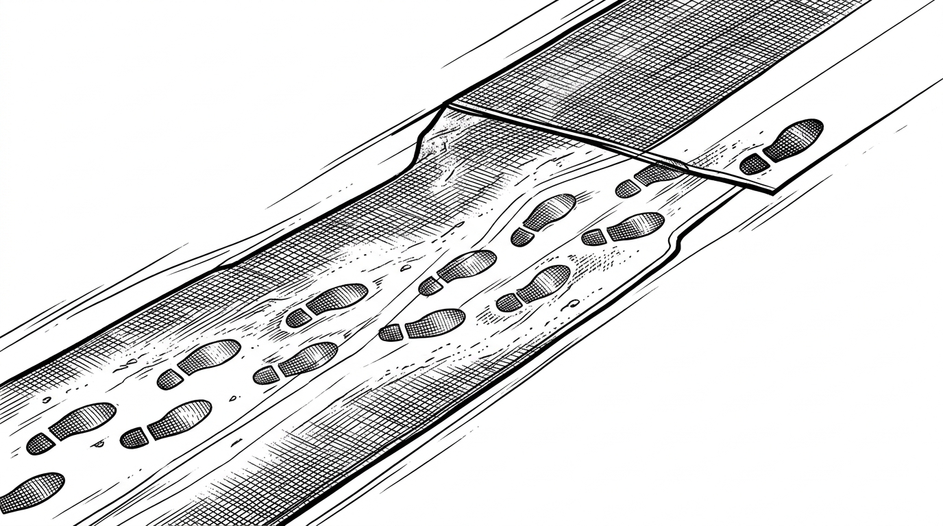 A close-up of a person’s path relative to a diagonal boundary line. Several recent positions cluster near the boundary inside a small buffer zone, showing that the system waits for stability before calling the crossing an entry or exit. The image explains how hysteresis prevents false alerts when a person hovers on the threshold.