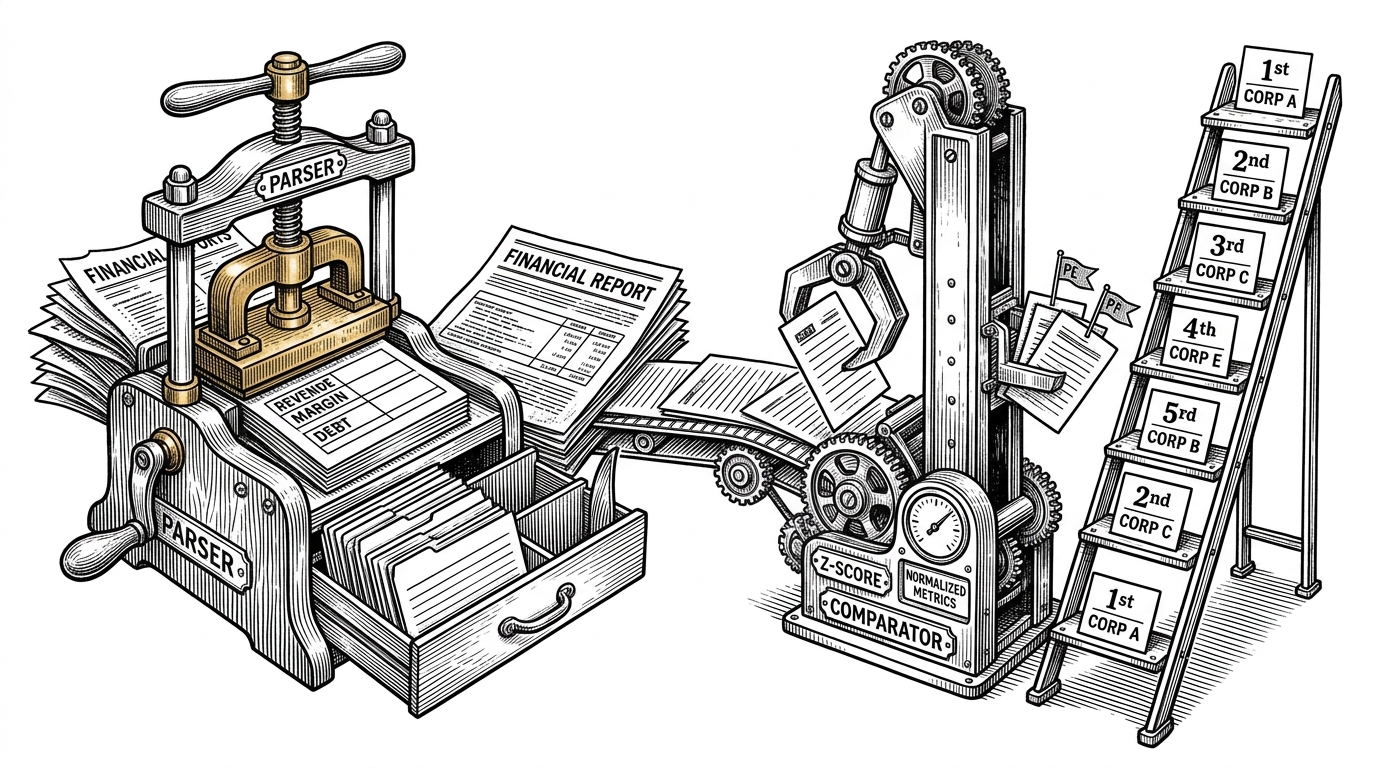 A close-up editorial scene of a report being stamped into structured fields, then pushed through a second mechanical device that compares peers and produces a ranked ladder. The first stage looks interpretive and text-driven. The second stage looks colder and more deterministic, showing how extracted facts become ranked judgments.