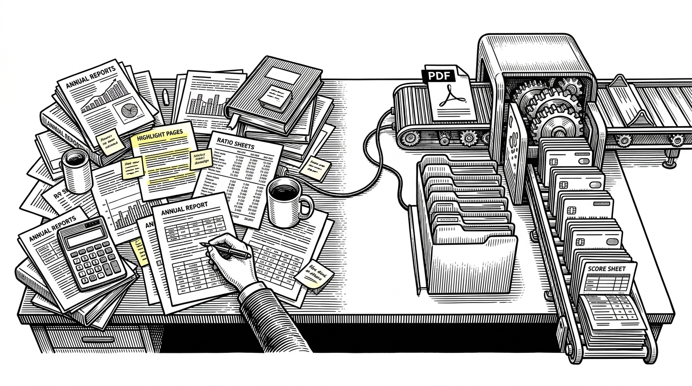 A wide split desk scene. On one side, an analyst’s workspace is buried under annual reports, highlighted pages, ratio sheets, and sticky notes. On the other side, a clean machine pipeline turns a PDF into structured financial cards, with a thin tether linking the two halves. It explains the article’s core idea: AI reads the documents, but math makes the judgment.