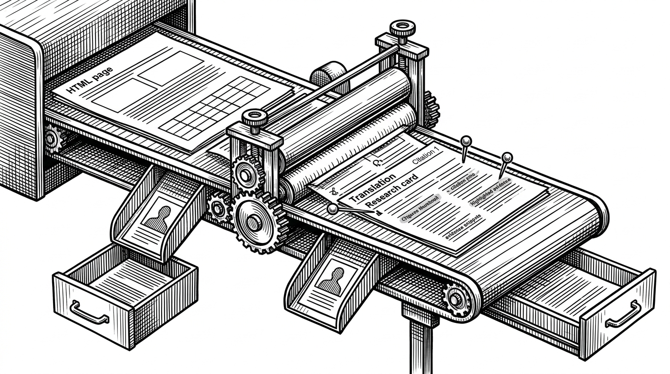 A close-up mechanical conveyor processes an arXiv paper from clean HTML into translated, annotated research cards. Figure thumbnails are routed into a separate drawer, while the main page passes through a translation press and emerges with citation pins and highlighted evidence snippets. The image explains why HTML-first ingestion and figure-aware extraction matter.