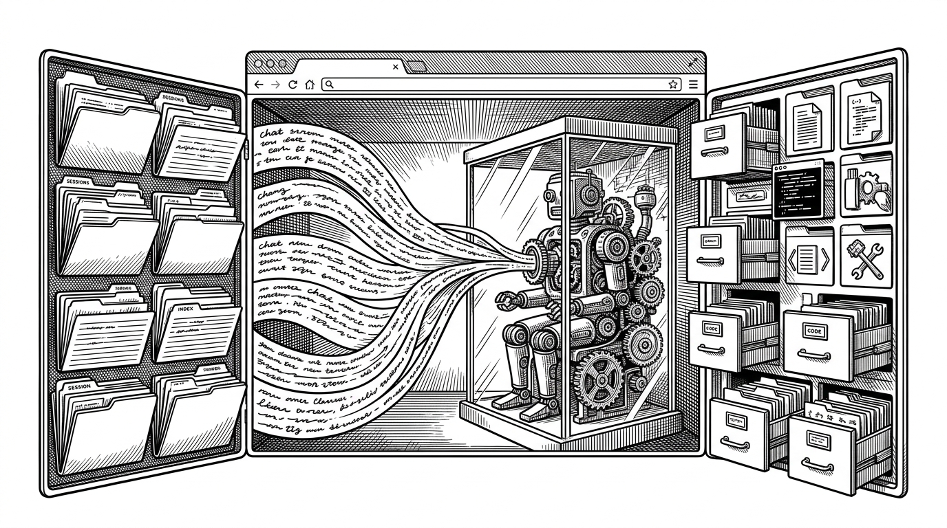 A wide editorial scene of a browser window drawn like a command deck with three panels. The center panel shows messages flowing into a persistent agent core, while the left panel holds stacked sessions and the right panel opens onto a workspace file tree. It explains that the web app is a thin shell around a living process, not a disposable chat page.