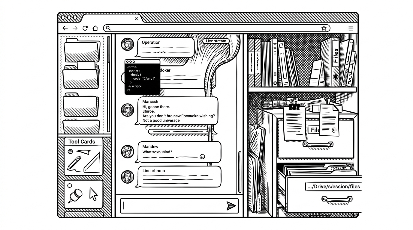 A close-up editorial scene showing a browser UI split into three functional zones. One side holds session folders, the center shows a live conversation stream, and the other side exposes a workspace shelf of files and directories. It explains how the layout turns a hidden agent into something legible and manageable.