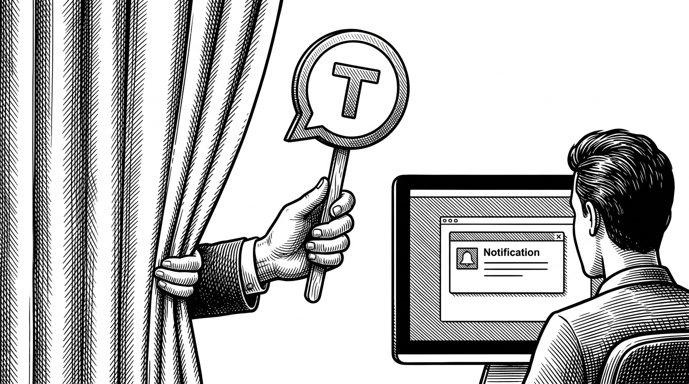 An editorial illustration of a hand behind a curtain holding a 'Microsoft Teams' logo mask on a stick, while a user in the foreground looks at a notification on a screen. This illustrates the concept of identity spoofing in Windows notifications.