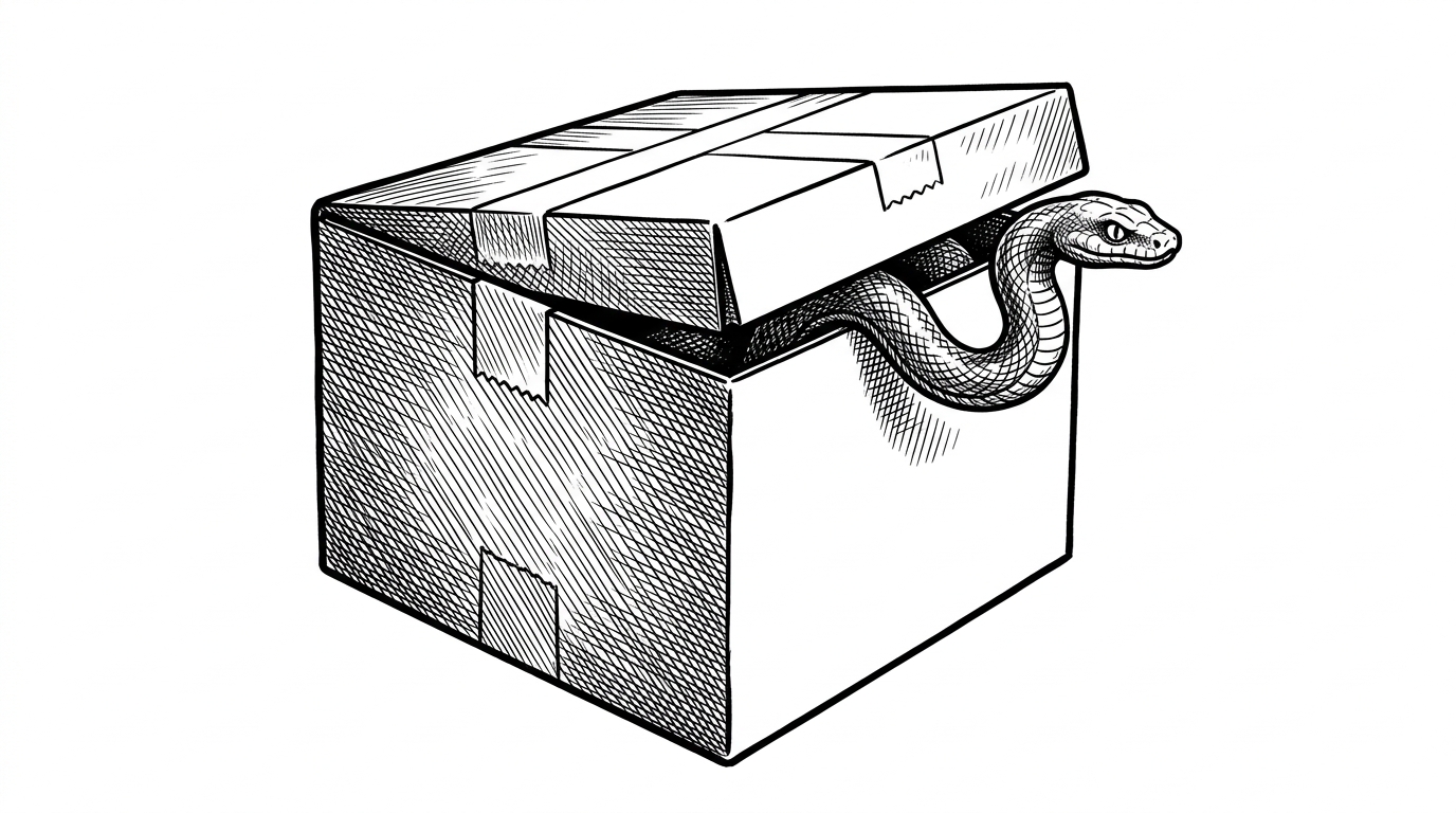 An editorial illustration of a standard delivery box, representing the notification, being opened to reveal a coiled snake inside, representing the malicious protocol link. This visualizes the payload aspect of the XML injection.