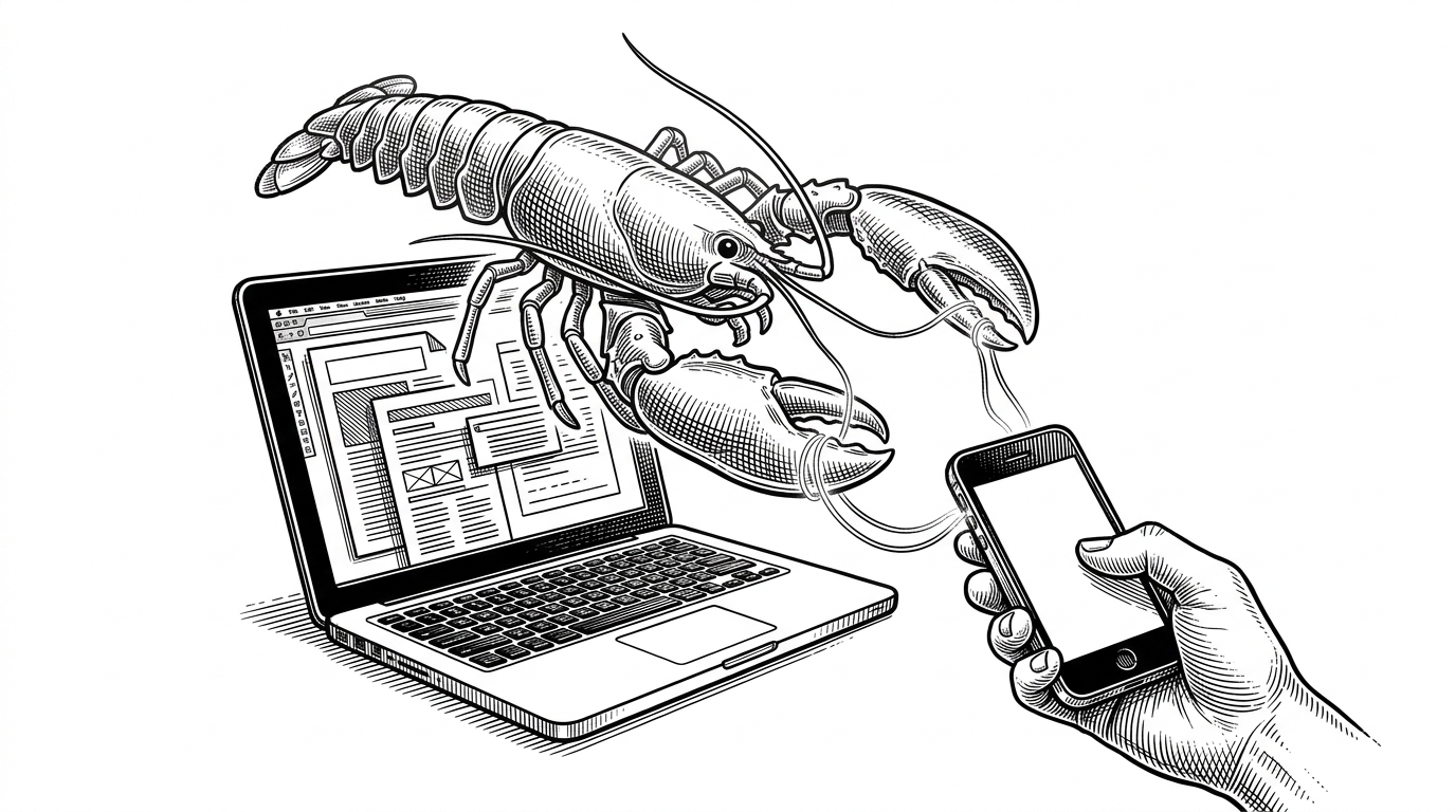 A glowing transparent lobster hovering over a laptop, its claws connected by glowing threads to a smartphone. On the laptop screen, complex document structures are being rapidly assembled.