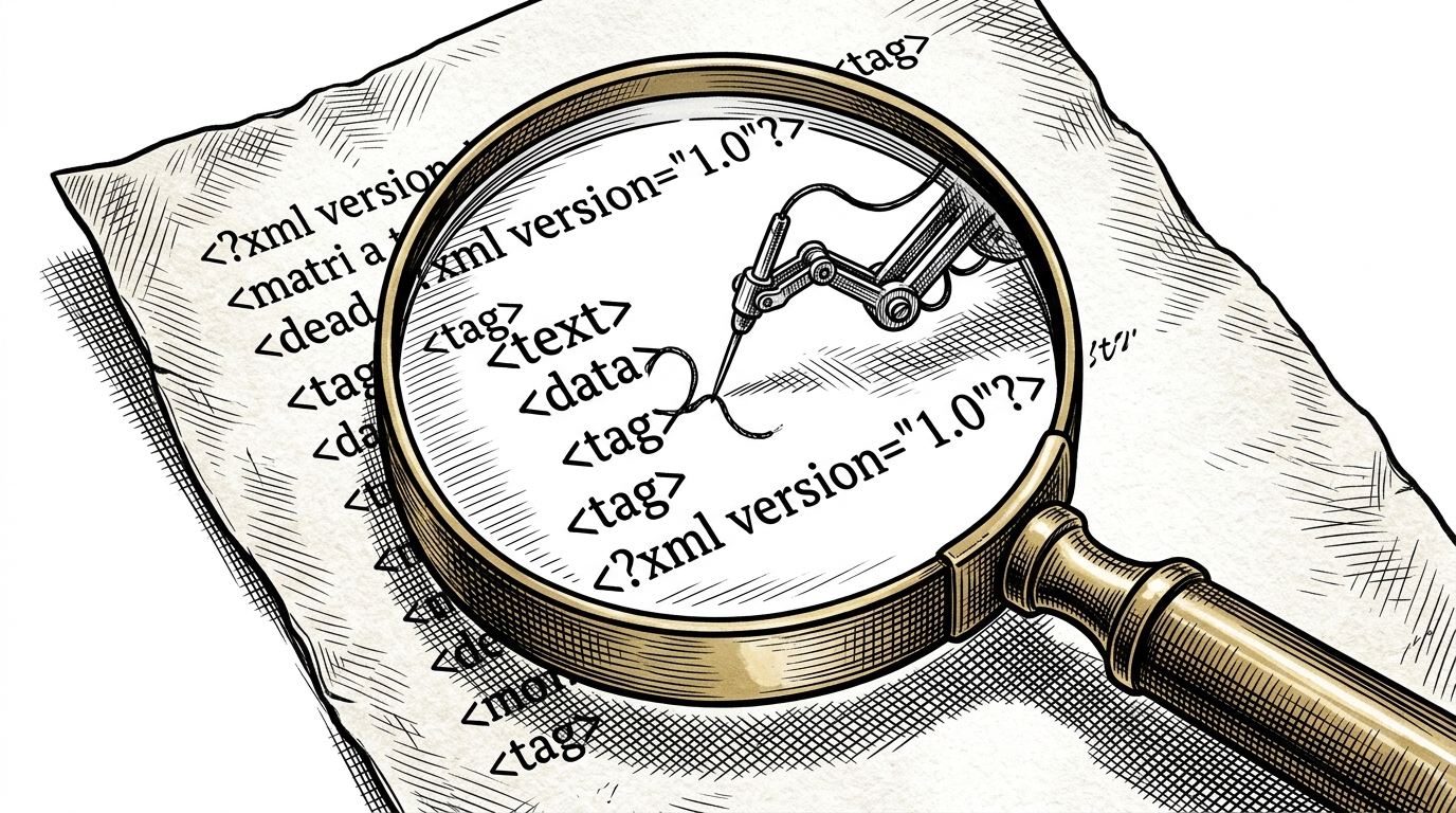 A magnifying glass over a piece of parchment. Inside the glass, raw XML tags are being carefully stitched into the fibers of the paper by a tiny mechanical needle.