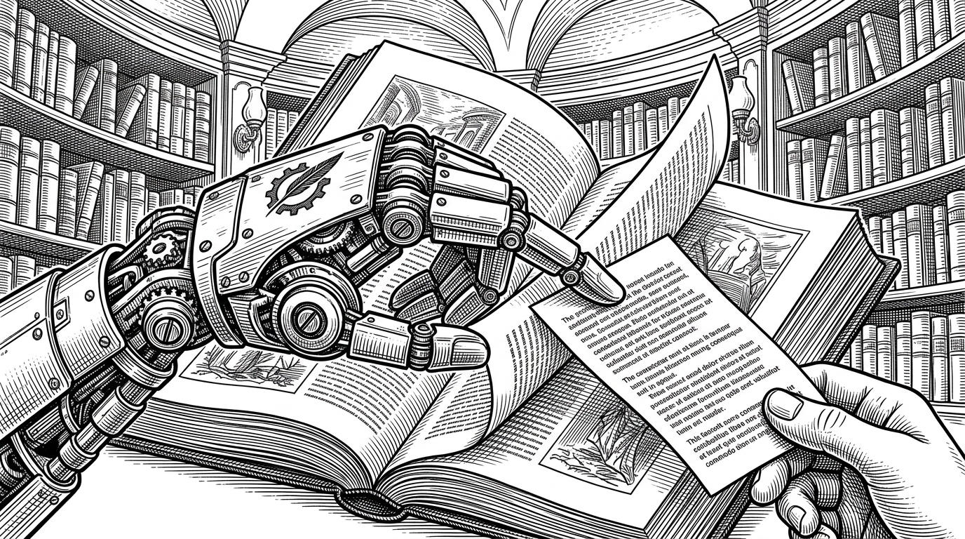 A mechanical hand in a classic library setting opening a book, summarizing a page, and handing a typed note to a reader.