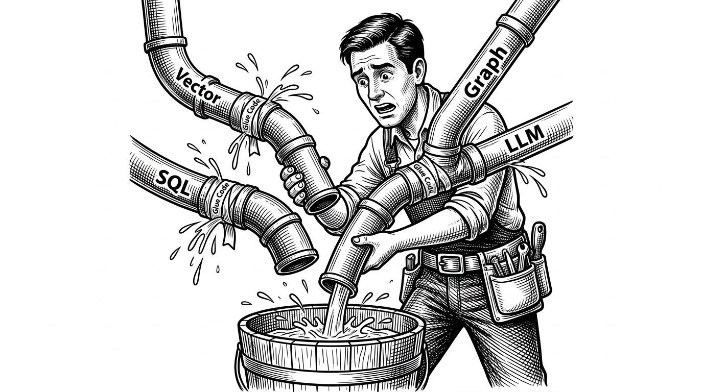 A messy plumbing system of disjointed pipes labeled Vector, SQL, Graph, and LLM leaking into a single bucket, held together by glue code.