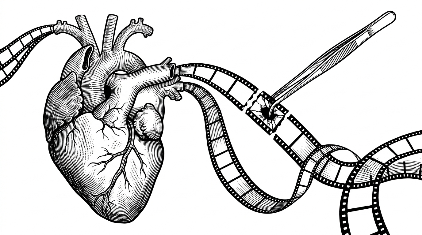 An anatomical illustration of a human heart where the arteries are replaced by flowing film strips, representing Git commit history being carefully edited with surgical forceps.