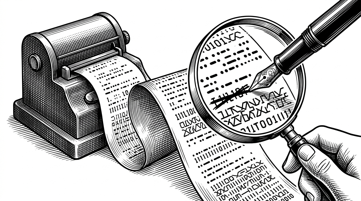A vintage telegraph machine printing a continuous ticker-tape covered in Git fast-export commands, with a magnifying glass held over a section being crossed out by a pen.