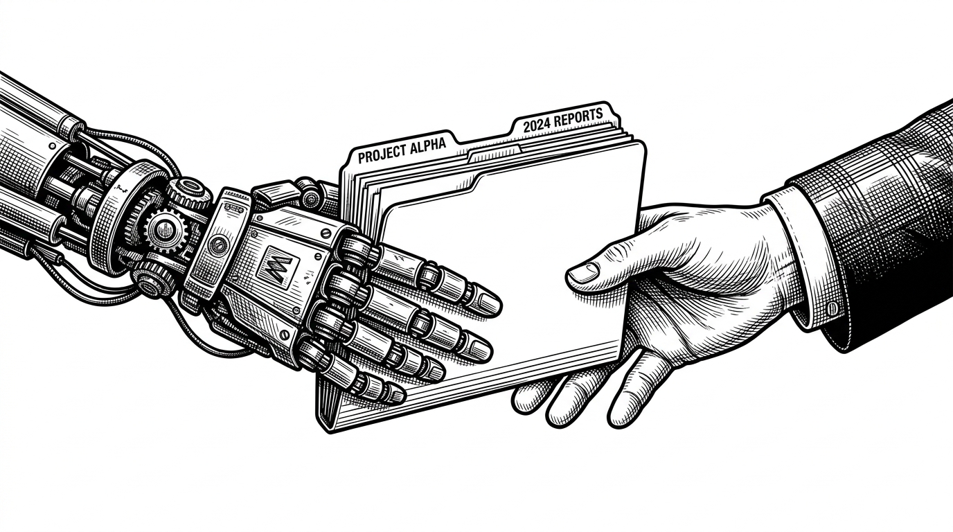 A mechanical robotic hand passing a neatly organized physical file folder to a human hand wearing a tailored suit cuff. This represents AI agents securely handling corporate data.